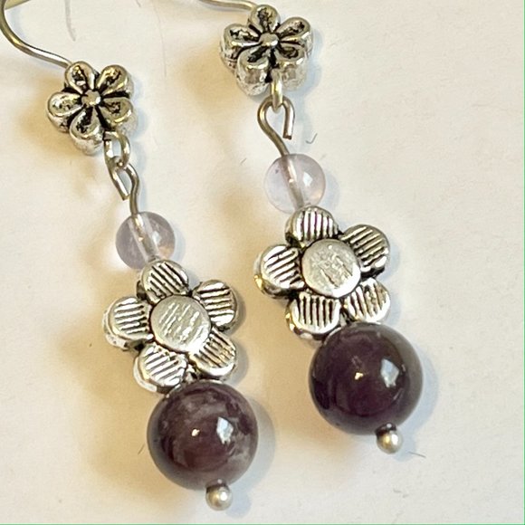 Lavender Purple Amethyst Bead Earrings Silver Plated Flower Dangle Semiprecious - Picture 2 of 7
